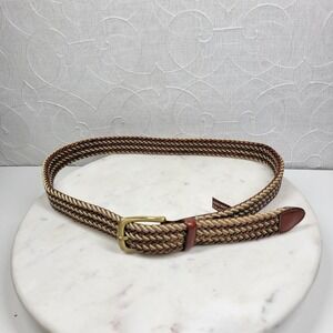 Arden Preppy Braided Leather Belt Size 36 Brown Tan Stretch Woven Brass Buckle